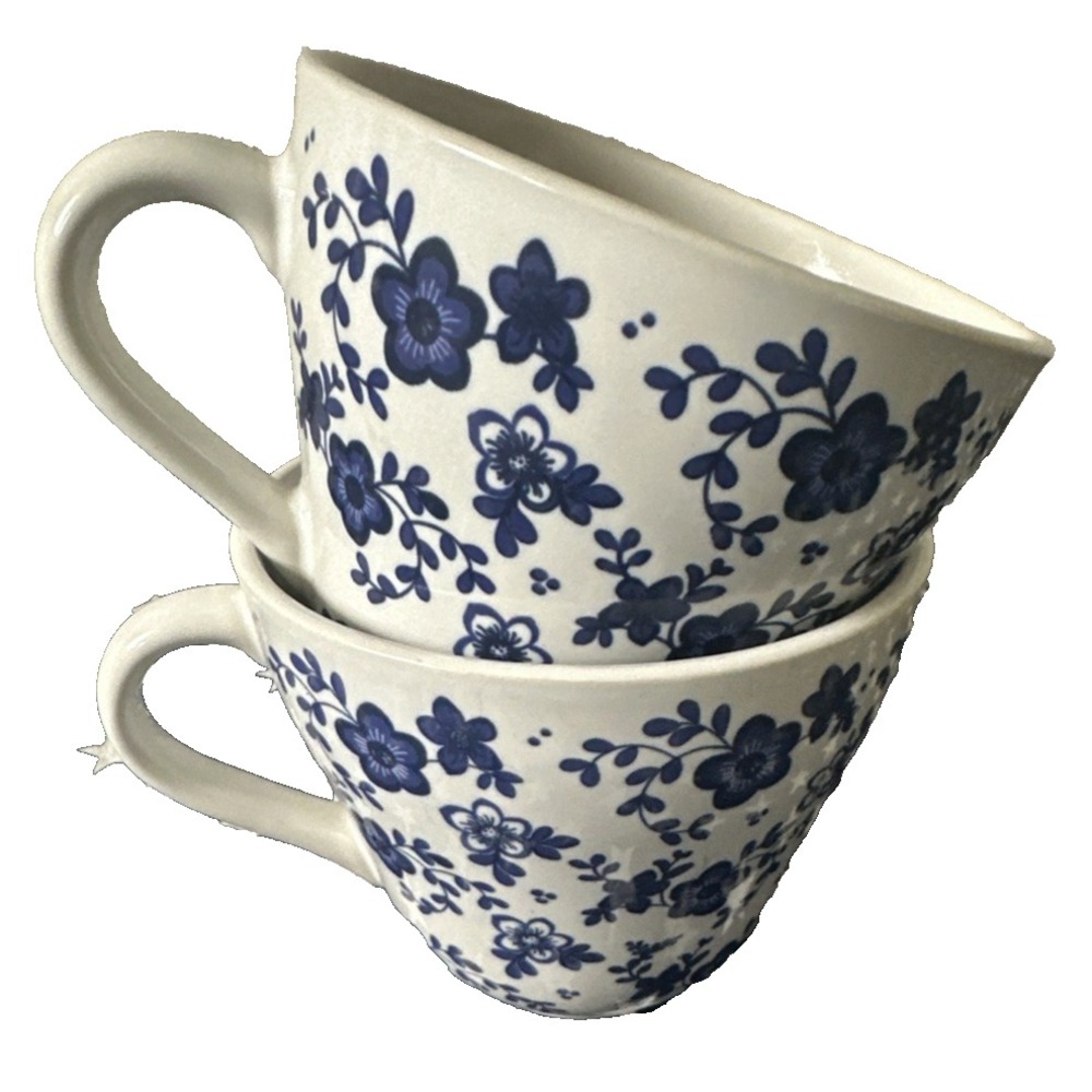 2 IKEA Sweden Blue & White Floral Flower Coffee Tea Hot Chocolate Mug Cup 10oz
